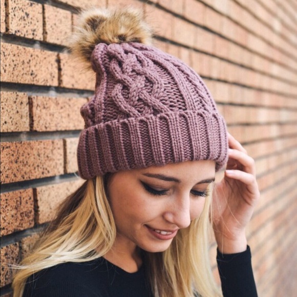 Mauve Pom Pom Vegan Friendly Winter Beanie OS - Picture 2 of 4
